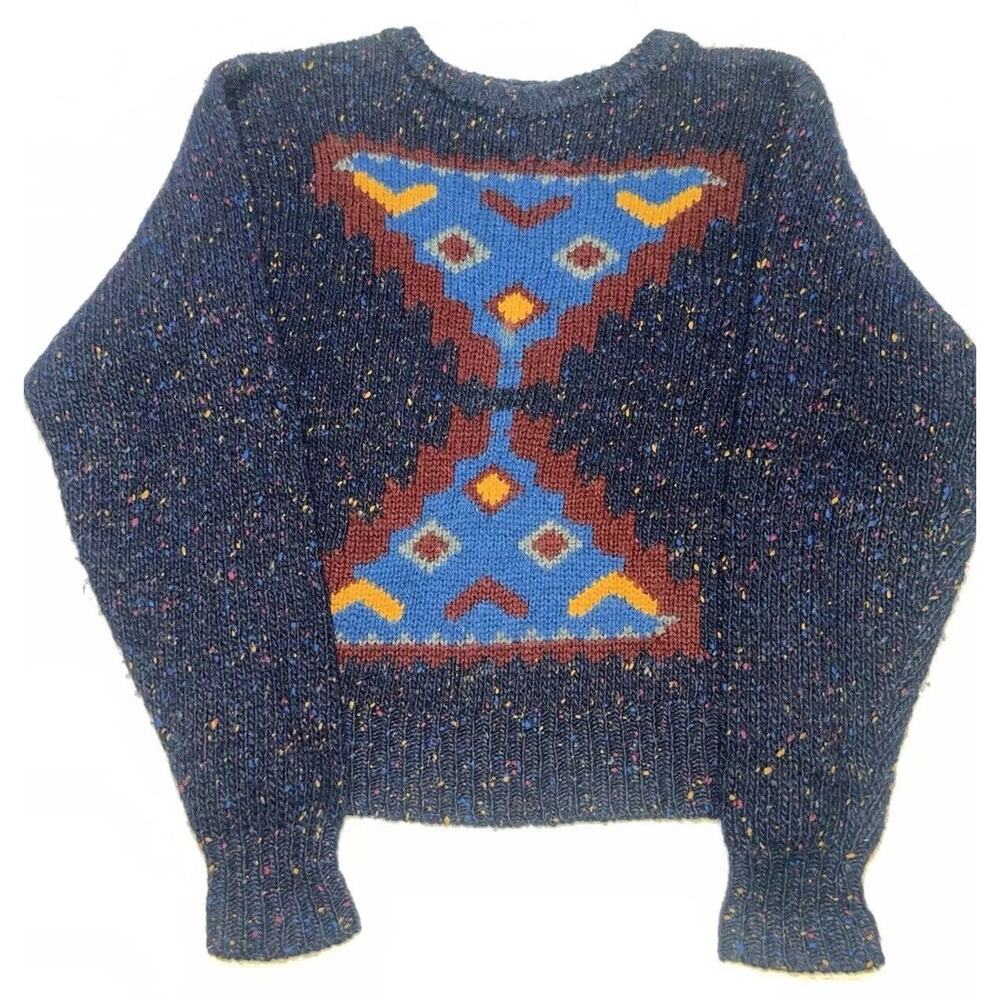 Geometric Rainbow Speckled Navy Blue Wool Sweater - Picture 4 of 15
